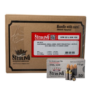 Sterling 9x19mm 115gr FMJ Steel Case 1500 Round Case